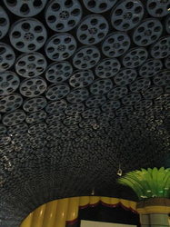 Old tape reels used to decorate the roof