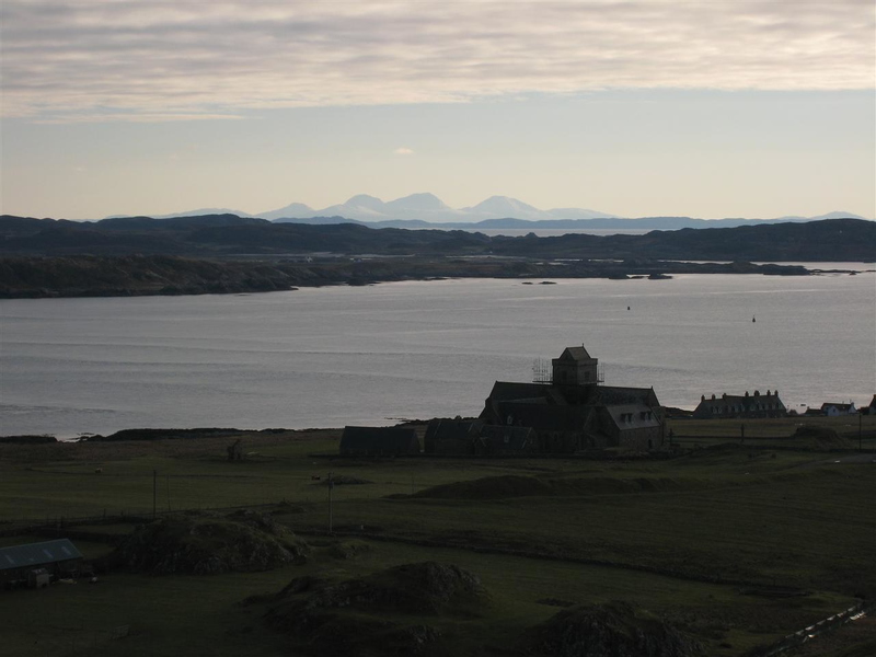 View over abbey towards the Paps on Jura