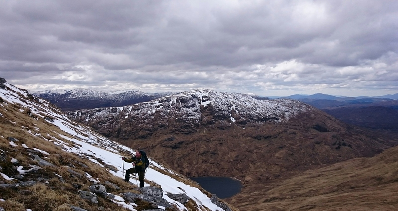 Climbing from bealach towards Lurg Mhor, Loch Calavie and Beinn Dronaig behind