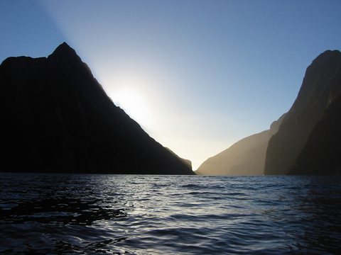The exit from Milford Sound into the Tasman sea (on the west)