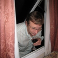 Robert looking through the window (We locked the caravan door)