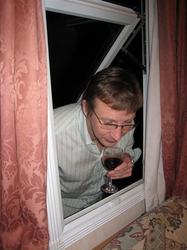 Robert looking through the window (We locked the caravan door)