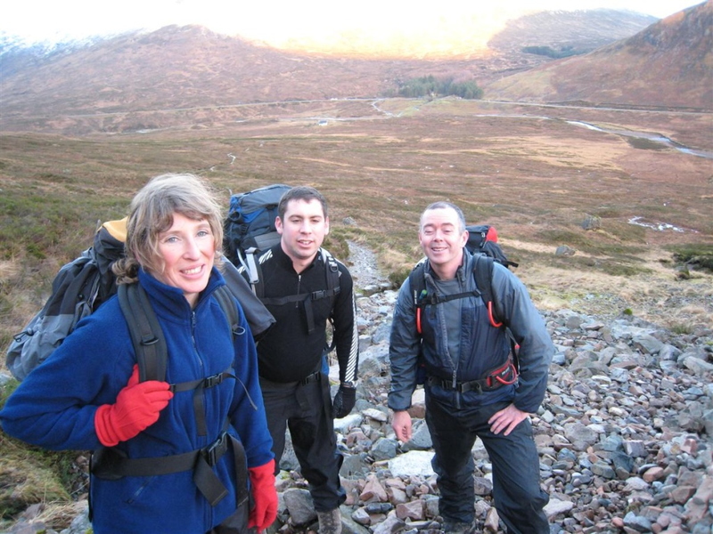 Lucy, Rich and Stu on access track. Lucy headed off corbett bagging shortly after photo.