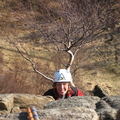 Lucy at top of 1st pitch on 'The Gutter' Pinewall Crag