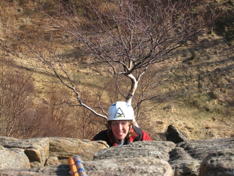 Lucy at top of 1st pitch on 'The Gutter' Pinewall Crag