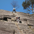Lucy leading 'The Gutter' on Pinewall Crag