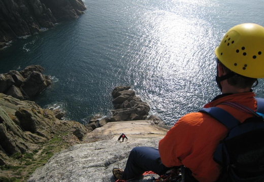 Looking down from top of pitch 2. Adrian belaying with Dave M climbing 