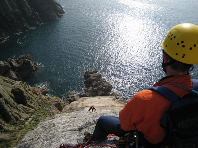 Looking down from top of pitch 2. Adrian belaying with Dave M climbing 