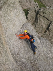 Adrian on the 'Dainty Traverse' at the top of pitch 3.
