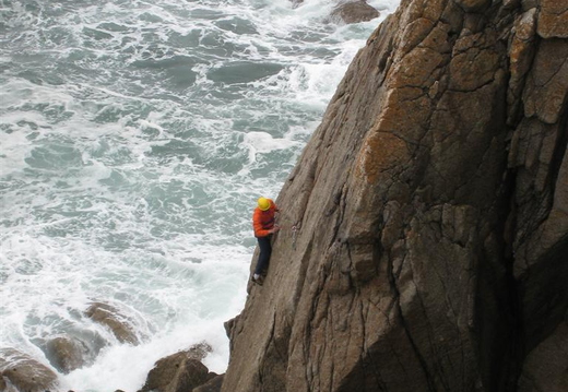Looking down at Adrian on the 1st pitch of the horsemans route.