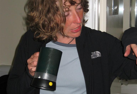 Lucy well oiled in the bogs after we left the pub with a mug of wine!! She proceeded to try and enter the tent soaking wet with 