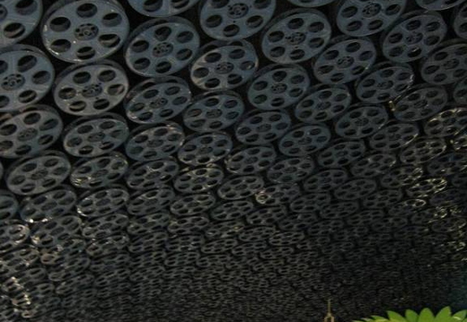 Old tape reels used to decorate the roof