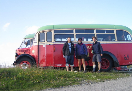 Jack, Nigel and Mo in front of bus. Jack was a Manc who we met on the Barra - Eriskay ferry and rode with for a few days.