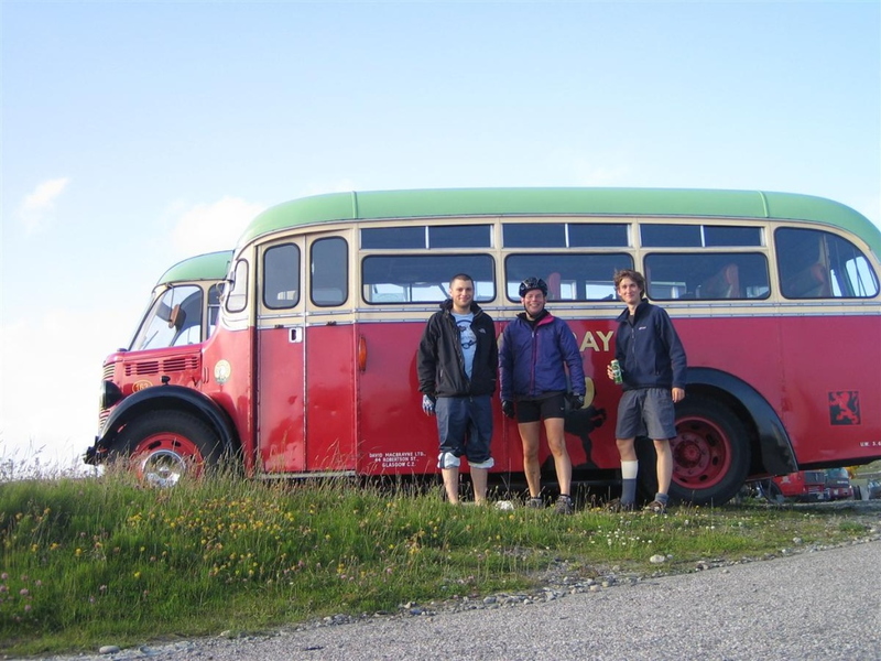 Jack, Nigel and Mo in front of bus. Jack was a Manc who we met on the Barra - Eriskay ferry and rode with for a few days.