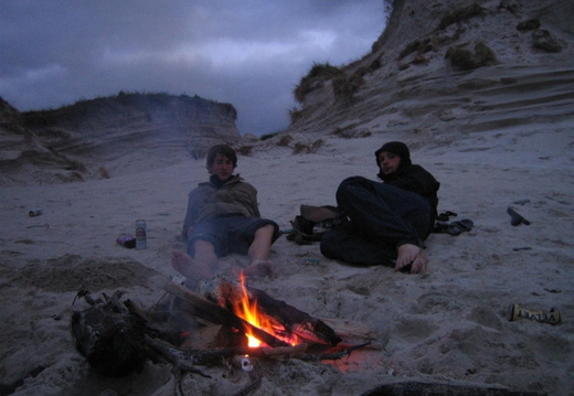 Talking sh1te around the fire. Camped on beach that night