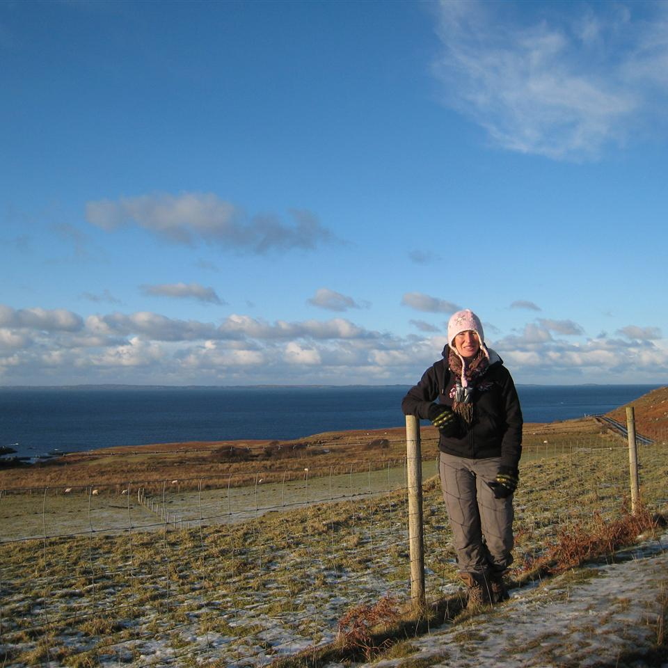 Lucy on road south of Calgary, Isles Of Coll & Tiree behind