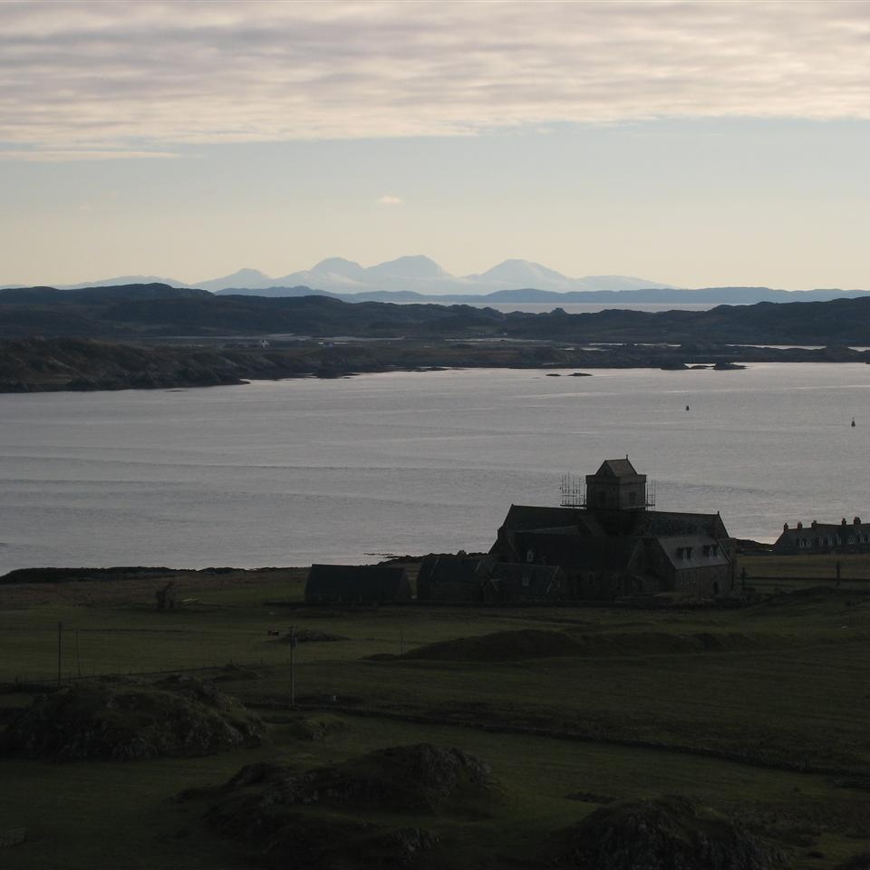 View over abbey towards the Paps on Jura