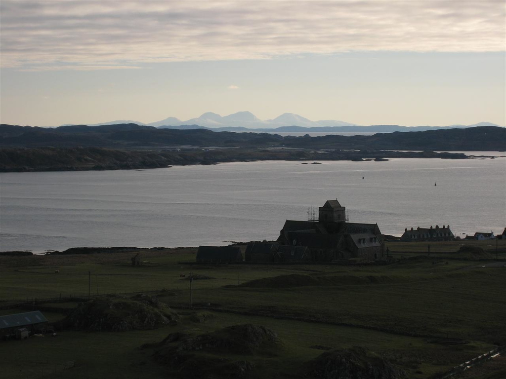 View over abbey towards the Paps on Jura