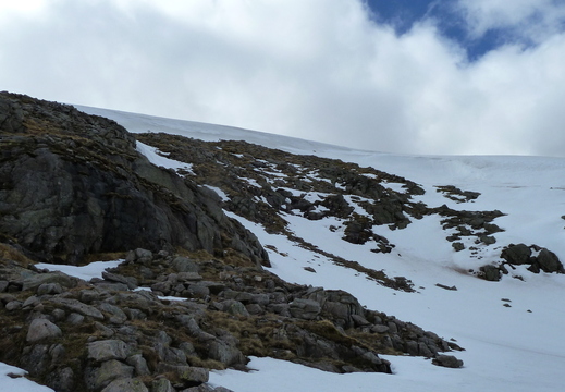 Loads of snow on north slopes of Monadh Mor. Axe would have made for quicker descent above cornice