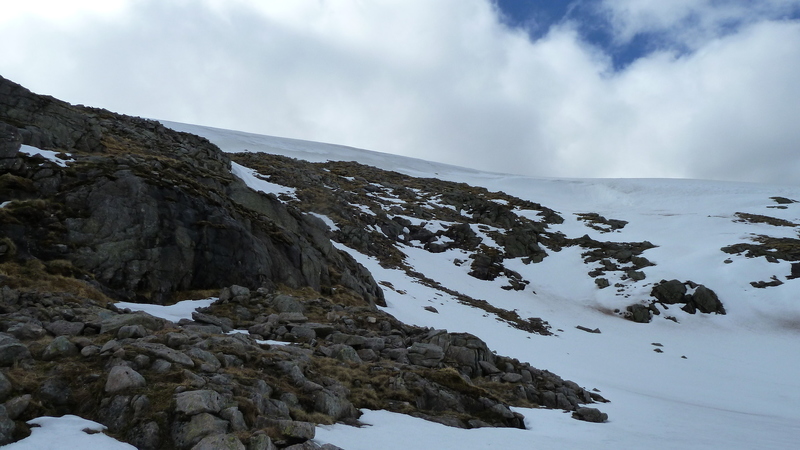 Loads of snow on north slopes of Monadh Mor. Axe would have made for quicker descent above cornice