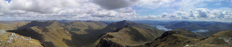 Panorama From Sgurr Mhaoraich Left-Right: South Kintail Ridge, Gleouraich, Loch Quoich, Gairich