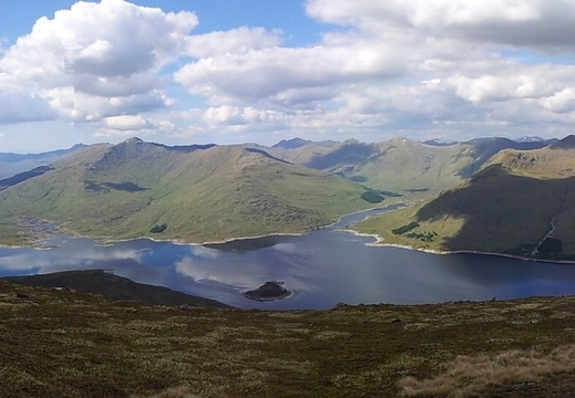 Panorama: Loch Quoich from Gairich towards Sgurr Mhaoraich, South Kintail Ridge Beyond