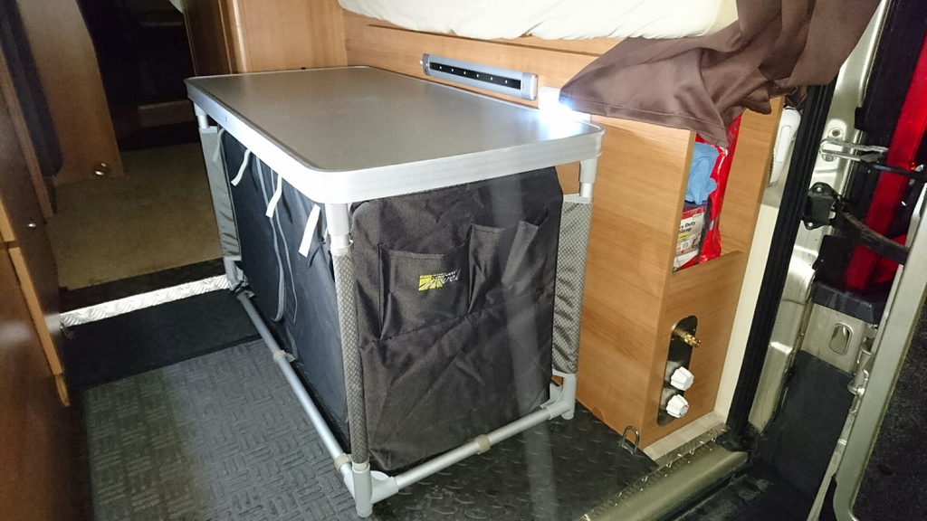 Shelved camp kitchen unit = The ultimate boot tidy! (amazon CamPart CU-0721)