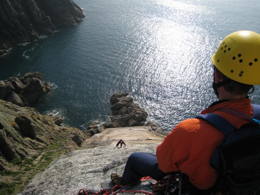 Looking down from top of pitch 2. Adrian belaying with Dave M climbing 