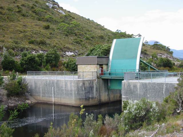 The gate on the canal between the Pedder and Gordon lakes. Water flows from Lake Pedder into lake Gordon. The power station is o