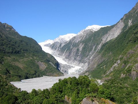 The Franz Joseph Glacier on the west coast. Moves around 70cm each day and is currently advancing down the valley.
